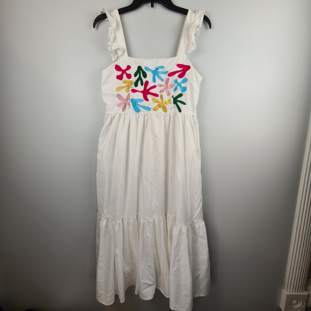 Crosby by Mollie Burch White Embroidered Ruffle Strap Midi Dress S Multi Beach